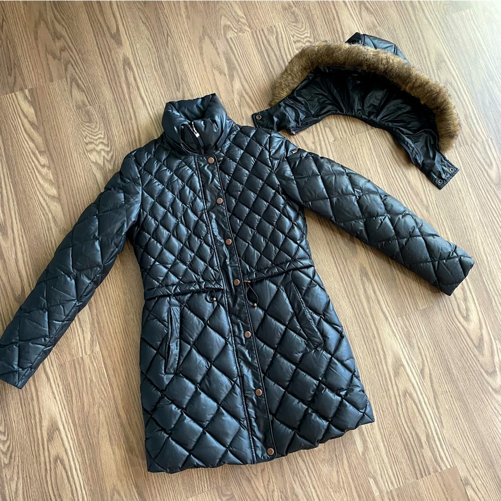 Longline Quilted Down Puffer Coat w/ Removable Hood